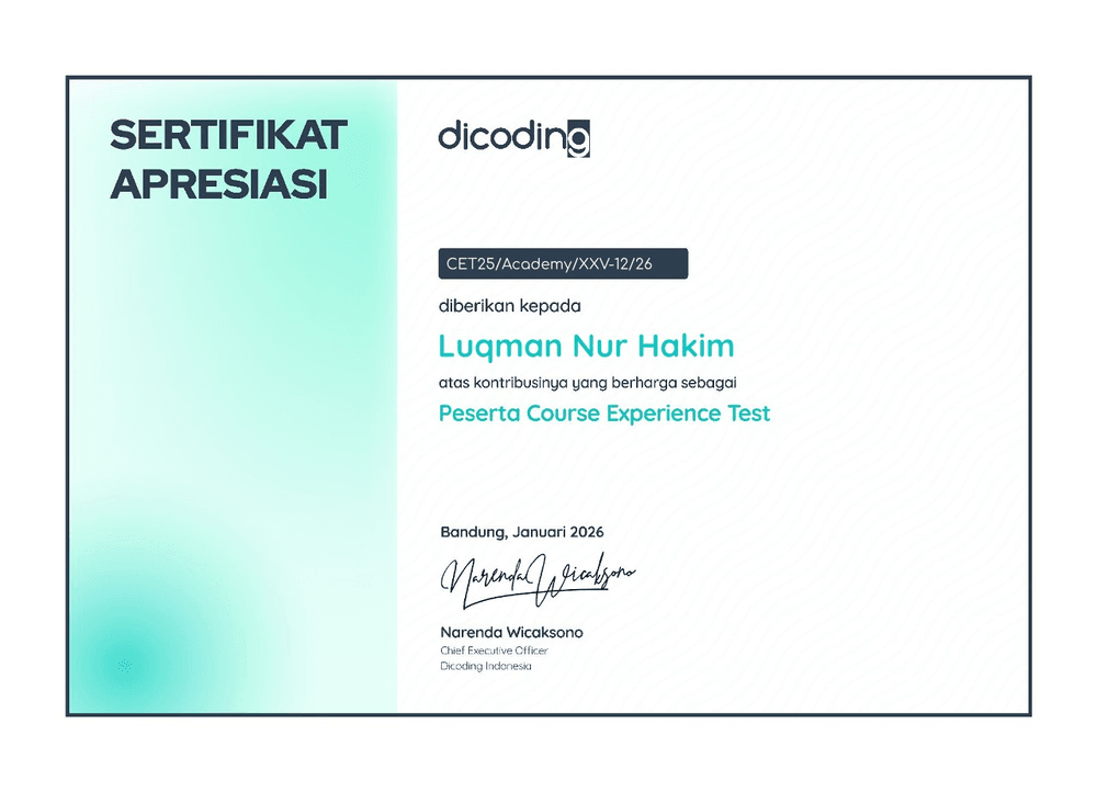 Sertifikat Course Experience Tester